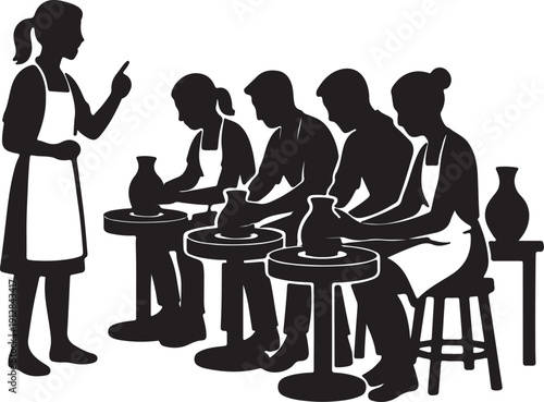 Pottery Class Workshop Silhouette Group Vector Illustration