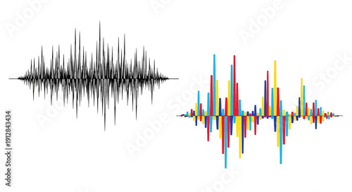 Sound wave visualizations grayscale and colorful spectrum displays