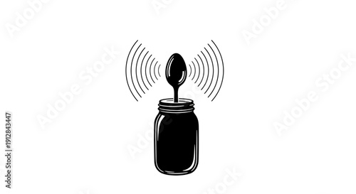 A black and white illustration of a spoon emitting sound waves over a jar