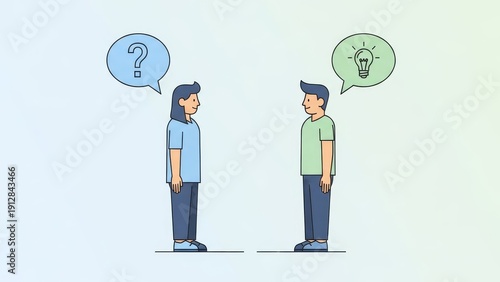 Line art illustration of a man and woman exchanging ideas. Concept of brainstorming, problem solving and creative thinking