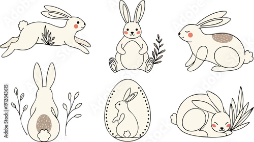 Hand drawn minimalist bunnies in various poses with floral accents cute rabbit collection with soft blush cheeks and simple line art style vector illustration design