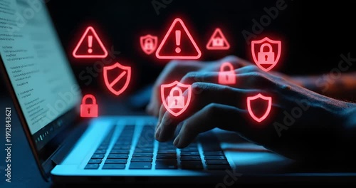 Cybersecurity warning icons over hands typing keyboard