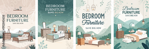 Stylish bedroom furniture advertisements with modern designs and calming colors.