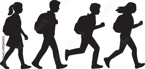 Silhouette of students walking and running with backpacks, young people going to school or college