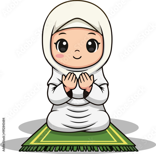 A young girl kneeling in prayer on a green prayer mat illustration