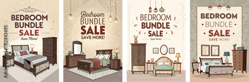 Stylish bedroom bundle sale displays featuring modern furniture designs.