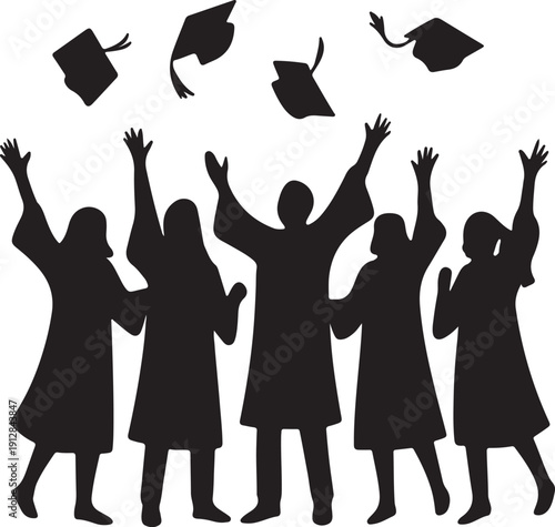 Students throwing graduation caps, group of happy graduates celebrating ceremony silhouette vector