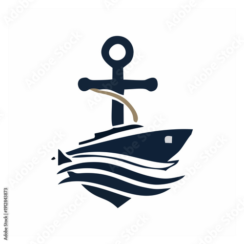 A dark blue ship sailing smoothly with an anchor above, in a graphic illustration style