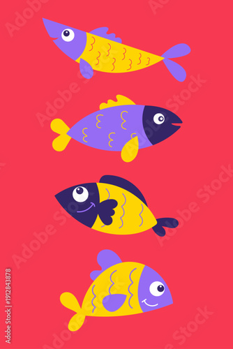 Illustration vectorielle verticale représentant quatre poissons stylisés colorés sur fond rouge. Idéal pour affiches, papeterie, supports graphiques et créations festives.
