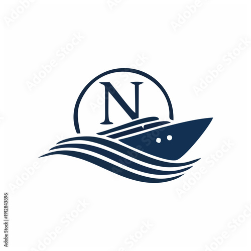 Modern navy ship sailing on calm waters with stylized letter N emblem in vector illustration w28.svg
