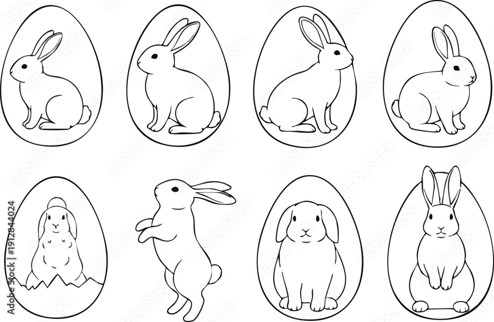 Obraz premium Hand drawn black and white rabbit illustrations inside egg shapes set with sitting and jumping bunny poses simple line art style isolated on white background