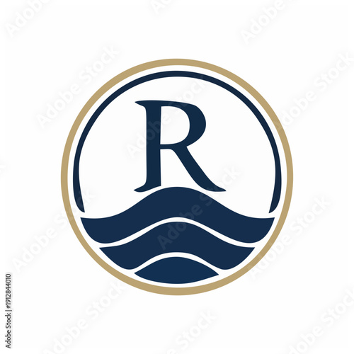 Vector graphic logo featuring a stylized letter R with wavy lines, enclosed in a circular border with a gold outline