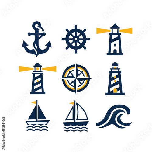 Nautical icons collection featuring anchor, wheel, lighthouses, compass, and sailing vessels in a clean, vector art style