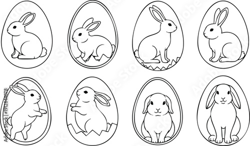 Hand drawn black and white sketches of rabbits in and around cracked eggs shells sitting and standing in various cute poses simple line art style minimalistic vector set collection