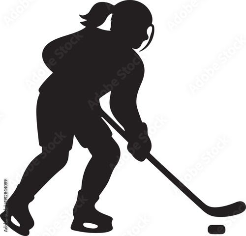  Woman ice hockey player with stick and puck silhouette vector
