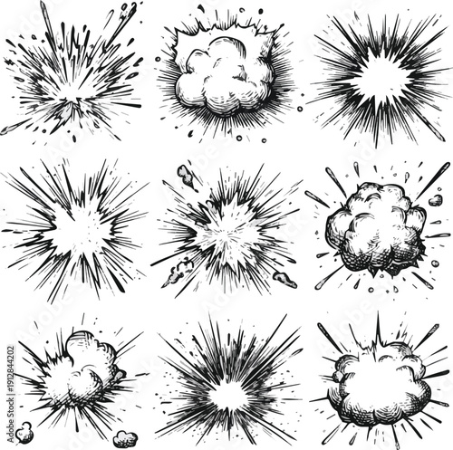 Create a differents kinds of Comic line speed effect cartoon explosive vector set. Hand drawn sketch doodle comic line speed motion, explosive cartoon burst icons. Vector illustration