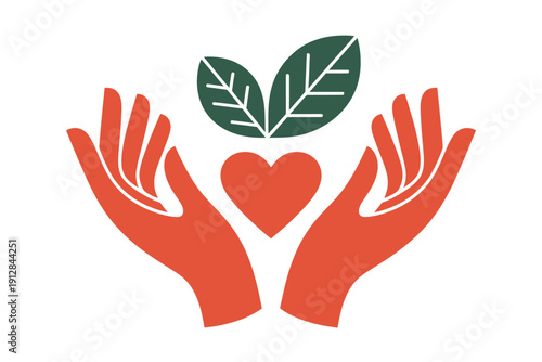 Cupped hands hold heart and leaves symbolizing care for health and nature.