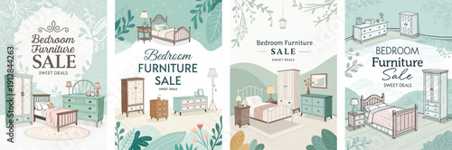 Stylish bedroom furniture sale banners with elegant designs and pastel colors.
