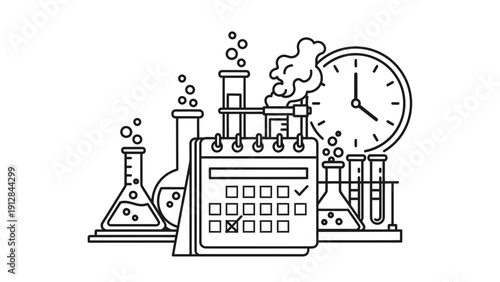 Science experiment timeline, calendar, clock, and lab equipment, concept of research planning