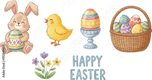 Hand drawn easter bunny holding decorated egg with cute chick singing and colorful eggs in wicker basket alongside pastel flowers and happy easter lettering vector art
