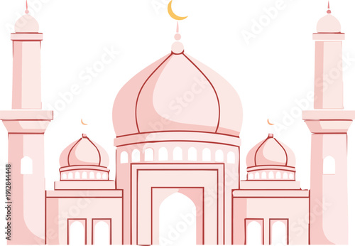 A serene mosque illustration with domes and minarets under a crescent moon, depicted in a simple, elegant line art style from a frontal viewpoint