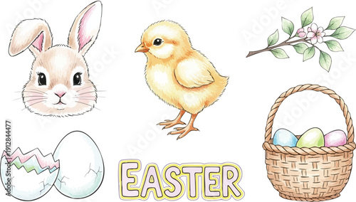 Hand drawn watercolor style easter basket with colorful eggs chick and bunny head with cracked eggshell and blooming twig in pastel colors