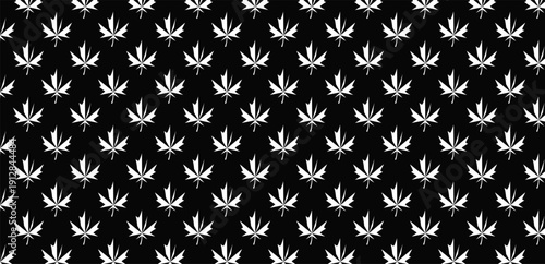 White maple leaf geometric seamless pattern on solid black background. Minimalist floral texture for modern dark mode wallpaper and textile design.