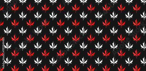 Red and white maple leaf line art seamless pattern on black background. Modern elegant foliage texture for dark wallpaper and textile design.