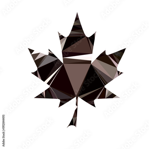 Abstract low poly maple leaf isolated on white background. Dark geometric crystalline Canadian foliage icon for modern branding and logo design.