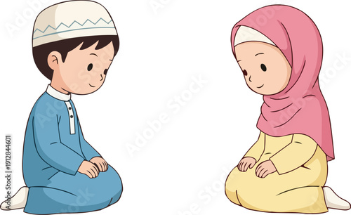 A young boy and girl sitting in prayer on prayer mats