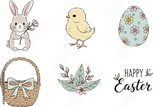 Hand drawn easter bunny holding flower with cute yellow chick facing right decorated egg basket with blue bow and floral leaves and happy easter text in delicate pastel colors