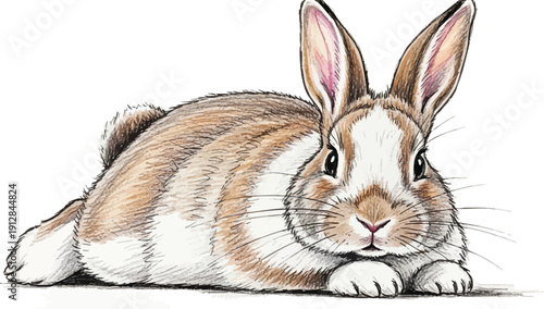 Hand drawn detailed resting brown and white rabbit lying down facing forward with soft fur texture and expressive eyes sketch style vector art illustration