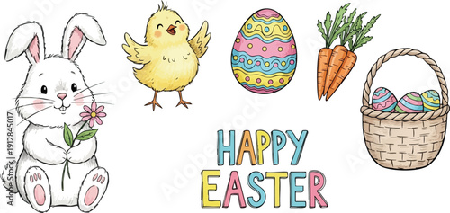 Hand drawn cute bunny holding flower next to happy chick colorful decorated egg bunch of carrots easter basket with eggs happy easter lettering vector art illustration