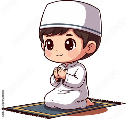 A young boy kneeling in prayer on a prayer mat with clasped hands and a serene expression