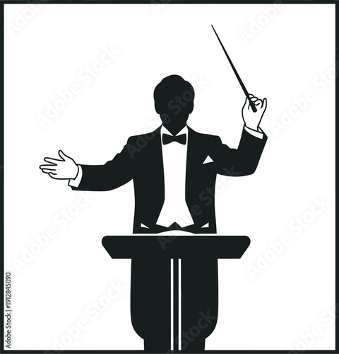 Orchestra conductor wearing a tuxedo and raising a baton. A musical conductor or maestro directing a symphony or concert with a baton.