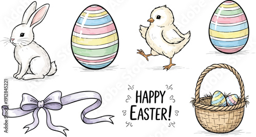 Hand drawn colorful striped easter eggs rabbit chick playful walking purple bow woven basket with nest happy easter festive spring holiday celebration vector art