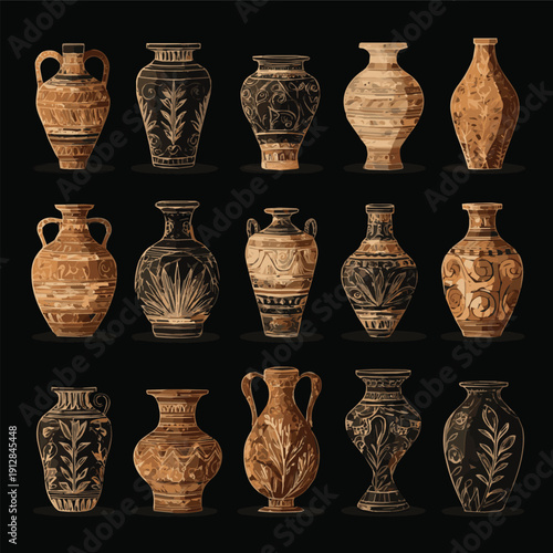 set of ancient greek vases.Silhouette set, vase vector collection, diverse vase designs, ancient, ceramic, potter, amphora. Vector illustration