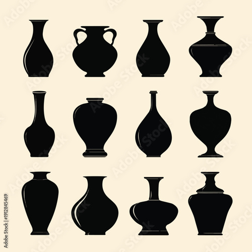 Create a differents kinds of vase silhouette set, vase vector collection, diverse vase designs, ancient, ceramic, potter, amphora. Vector illustration