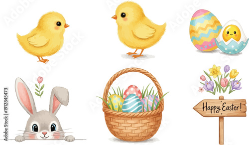 Hand drawn cute yellow chick standing and looking gray bunny peeking with easter eggs basket colorful decorated eggs and happy easter wooden sign with spring flowers vector art