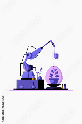 Futuristic robotic arm cultivating a bioluminescent plant