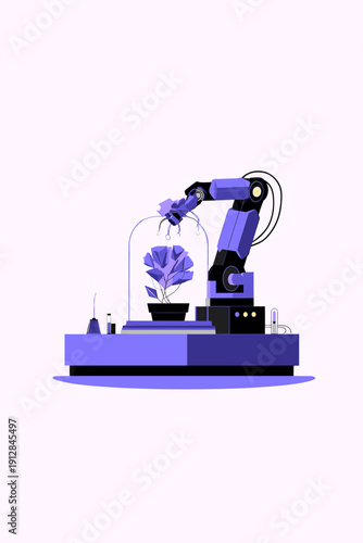 Futuristic robotic arm cultivating a bioluminescent plant