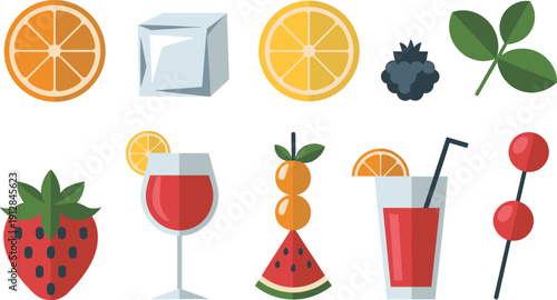Flat minimalist cocktail ingredients and fruit icons set featuring citrus slices, berries, ice cube, and colorful drink illustrations