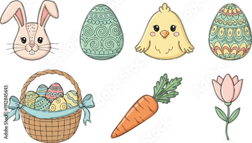 Hand drawn pastel colored easter bunny face decorated eggs cute chick basket with ribbon carrot and pink flower vector art illustration set in minimalist style for spring holiday celebration