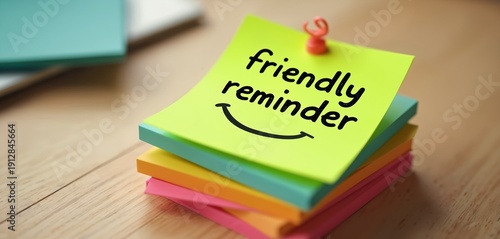 Yellow sticky note with friendly reminder text and a face is pinned on a stack of colorful paper. The message serves as a cheerful prompt for tasks or appointments.