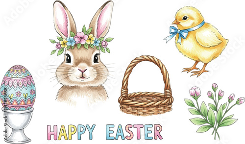 Hand drawn watercolor style easter bunny with floral crown cute chick with blue ribbon woven basket decorated egg on white background colorful happy easter greeting illustration