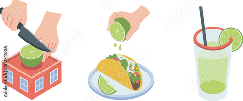 Isometric Mexican taco preparation scene with lime slicing, garnish topping, and refreshing drink vector cooking illustration