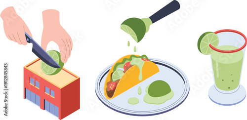 Isometric taco preparation with lime slicing, garnish topping, and refreshing drink illustration, Mexican food cooking vector scene