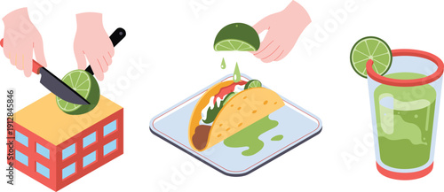 Isometric taco and lime preparation illustration, Mexican food cooking steps with drink, flat vector kitchen scene design