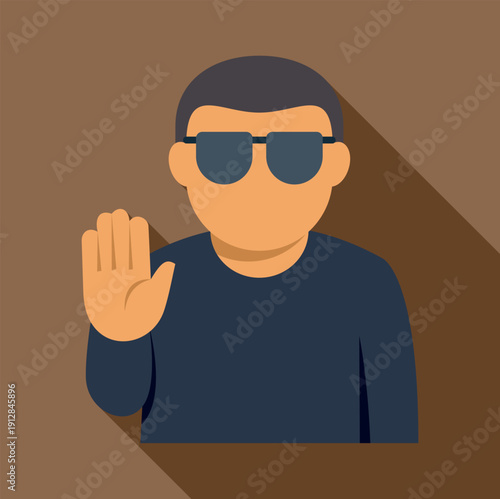 Man in sunglasses raising hand, symbolizing stop, denial, or security in flat design