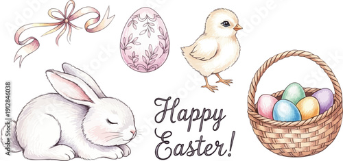 Hand drawn easter design with sleeping white bunny baby chick decorated eggs ribbon bow and woven basket filled with colorful eggs festive spring greeting card elements